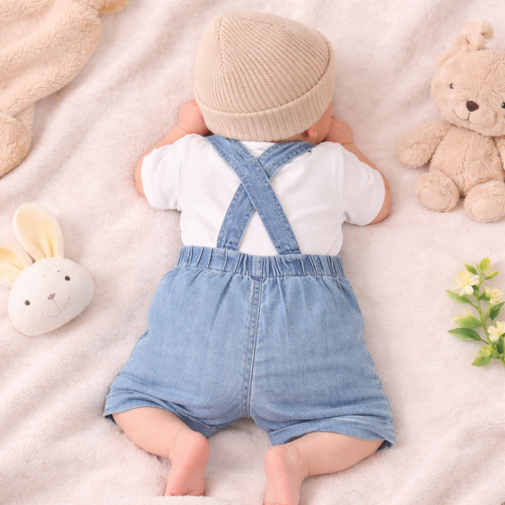 LITTLE KANGAROO Baby Boys Light Blue Denim Dungaree Romper Set with White T-Shirt (3–18 Months)