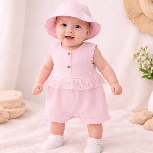 TOFFY HOUSE Baby Girls Pink Cotton Romper Dress with Hat Set (0–9 Months)
