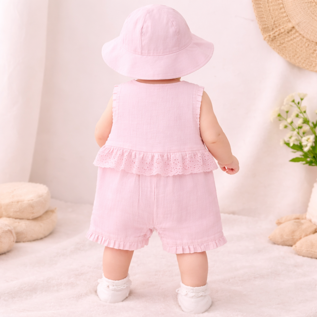 TOFFY HOUSE Baby Girls Pink Cotton Romper Dress with Hat Set (0–9 Months)