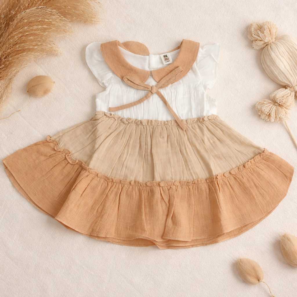 TOFFY HOUSE Baby Girls Cotton Tiered Frock Dress – Khakhi & White | Soft Summer Party Wear | 9 Months to 3 Years
