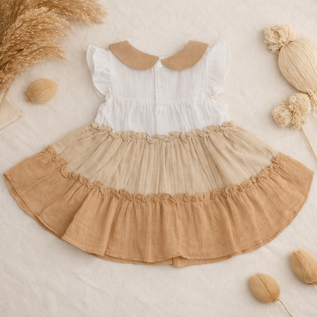 TOFFY HOUSE Baby Girls Cotton Tiered Frock Dress – Khakhi & White | Soft Summer Party Wear | 9 Months to 3 Years