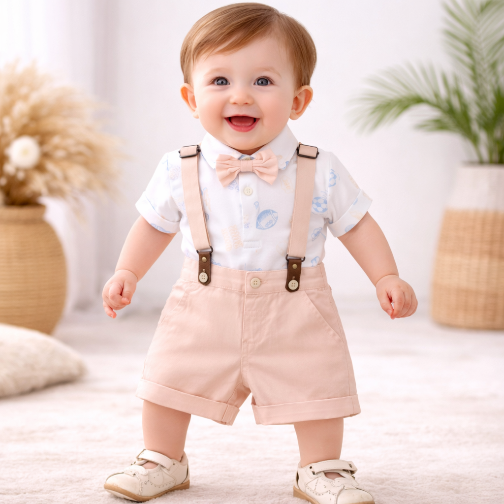 TOFFY HOUSE Baby Boys Peach Suspender Shorts Set with Bow Tie | Formal Party Outfit | 0 to 9 Months