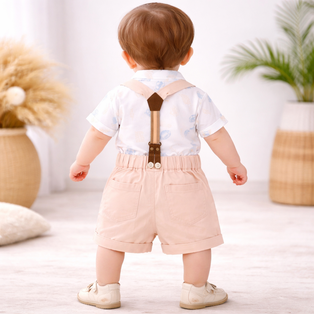 TOFFY HOUSE Baby Boys Peach Suspender Shorts Set with Bow Tie | Formal Party Outfit | 0 to 9 Months