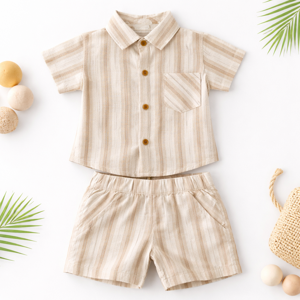 TOFFY HOUSE Baby Boys Fawn Striped Cotton Co-Ord Set (Shirt & Shorts) | Summer Outfit | Newborn to 9 Months
