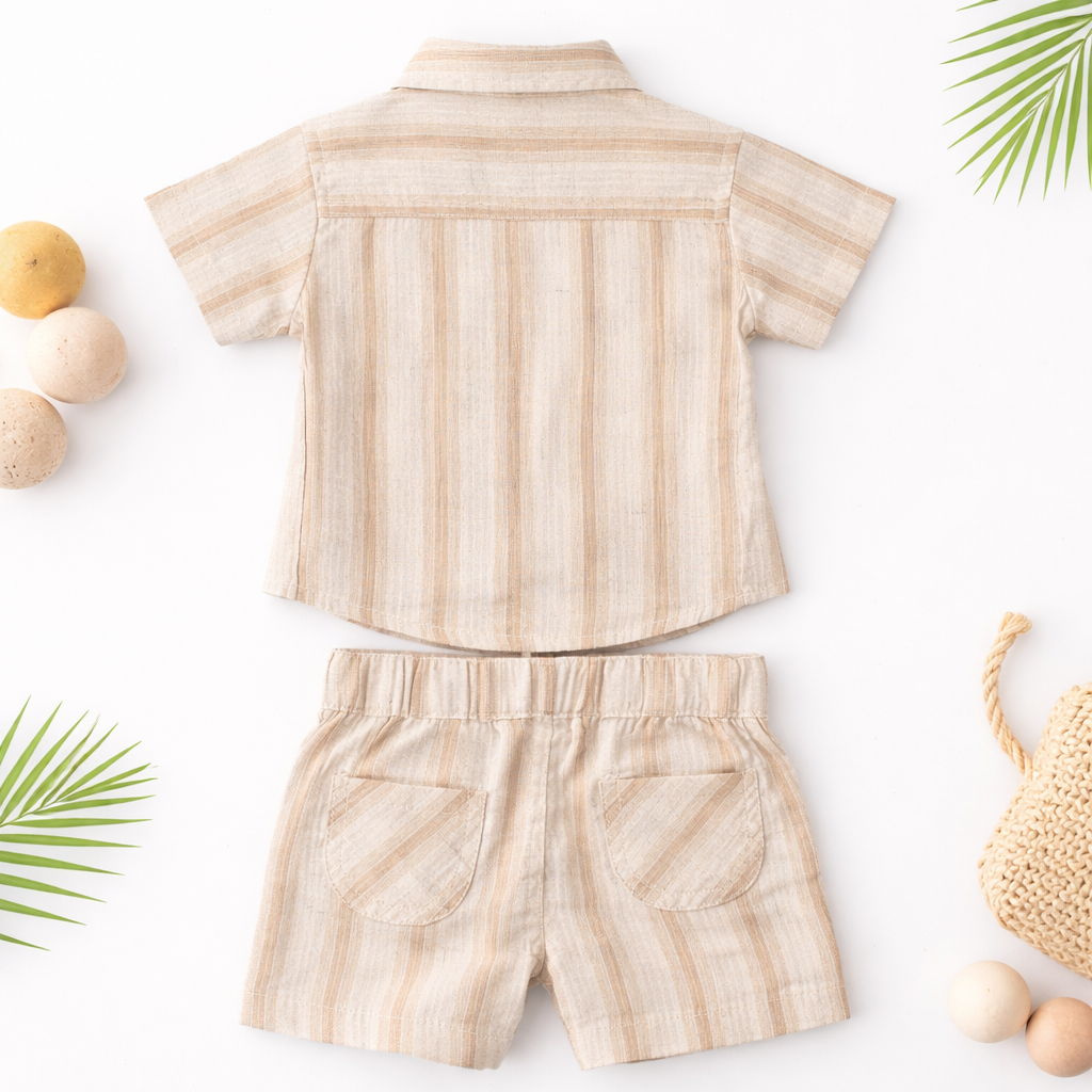 TOFFY HOUSE Baby Boys Fawn Striped Cotton Co-Ord Set (Shirt & Shorts) | Summer Outfit | Newborn to 9 Months