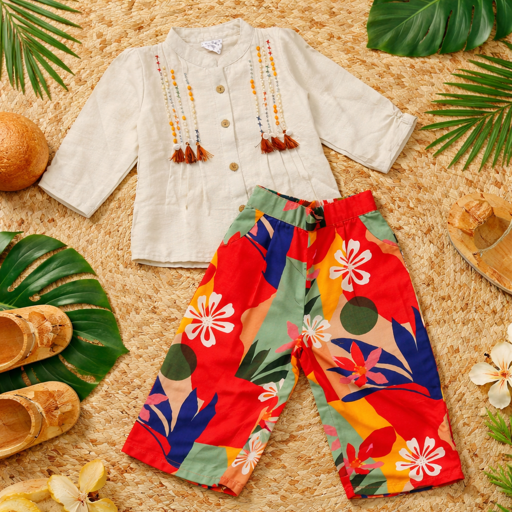Girls Ethnic Beaded Top & Orange Floral Printed Palazzo Pant Set | Kids Festive Wear Outfit (18 Months – 7 Years) – IT’S NEW