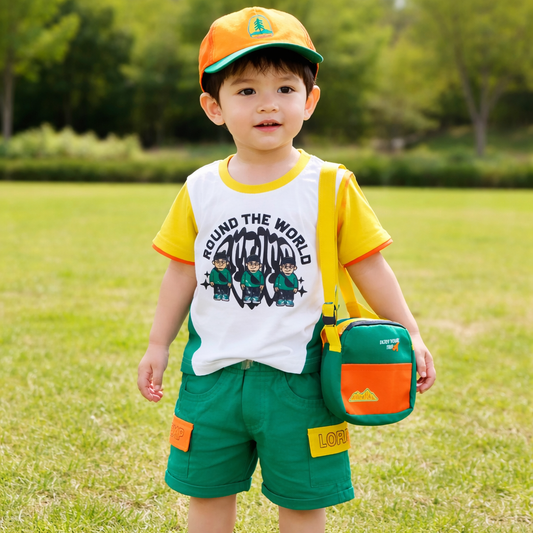 BAD BOYS Kids Casual Summer Co-ord Set for Baby Boys (6 Months–3 Years) – Printed T-Shirt & Shorts with Cap & Sling Bag