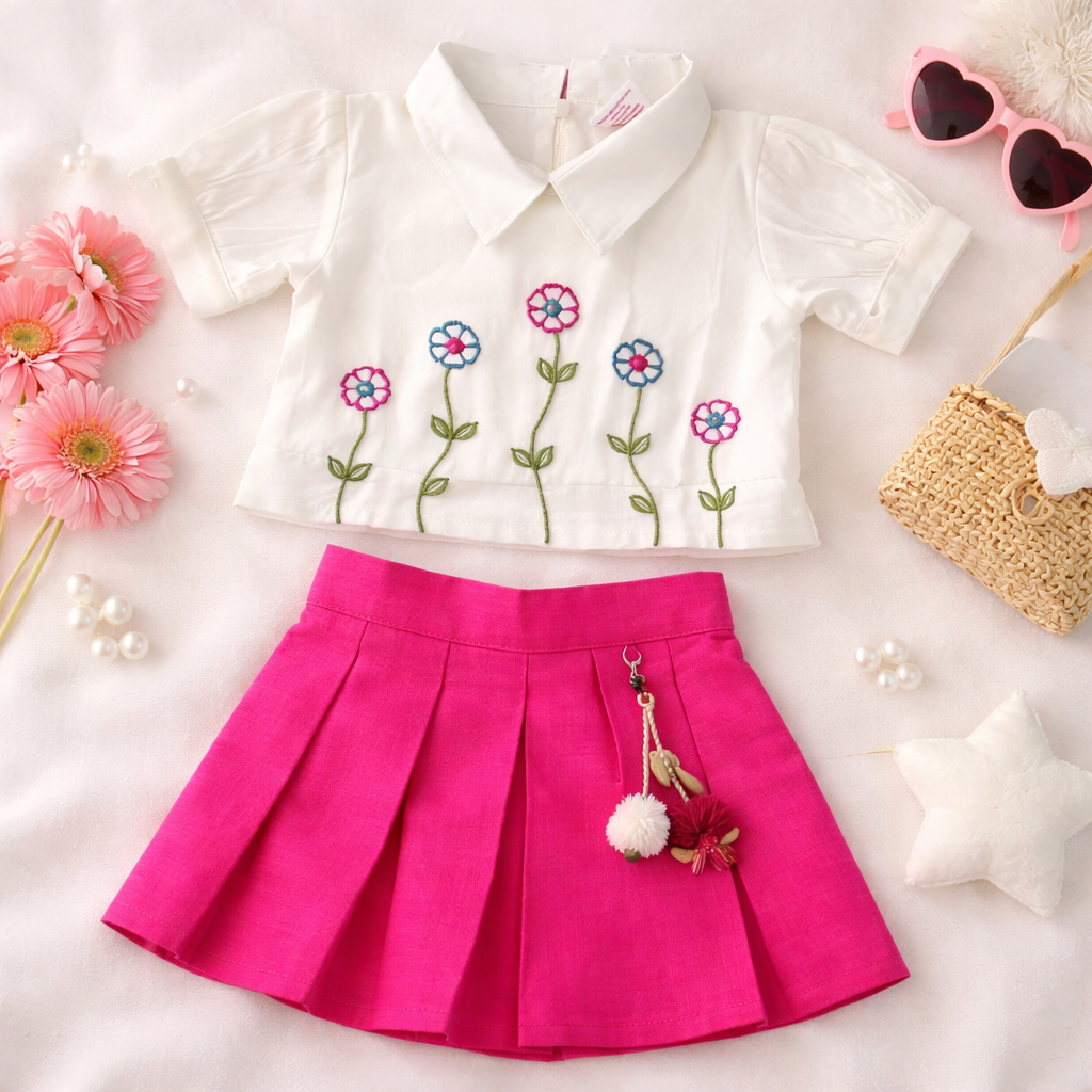 Girls Floral Embroidered Top & Rani Pleated Skirt Set | Kids Party Wear Dress (18 Months – 7 Years) – Brand IT’S NEW