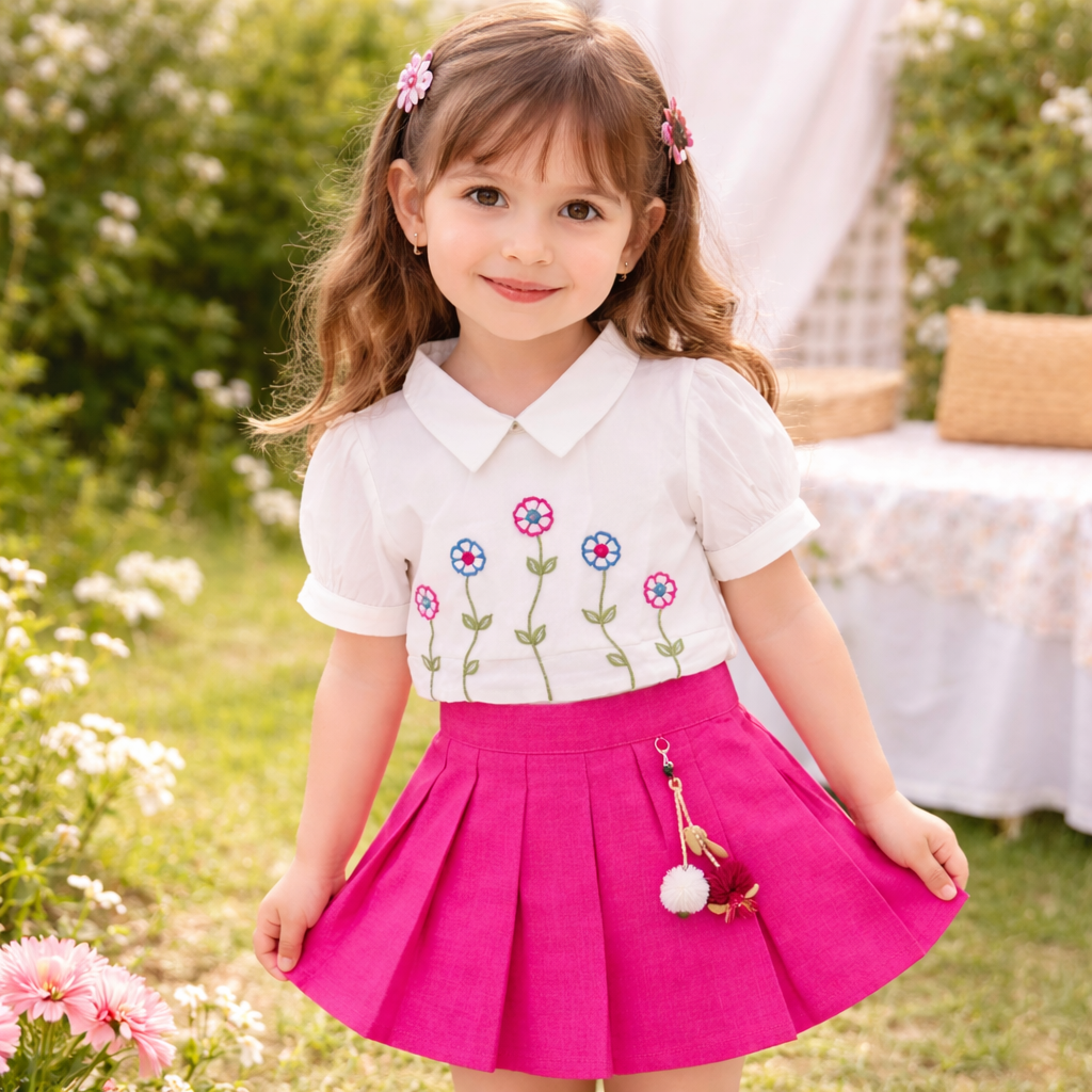 Girls Floral Embroidered Top & Rani Pleated Skirt Set | Kids Party Wear Dress (18 Months – 7 Years) – Brand IT’S NEW