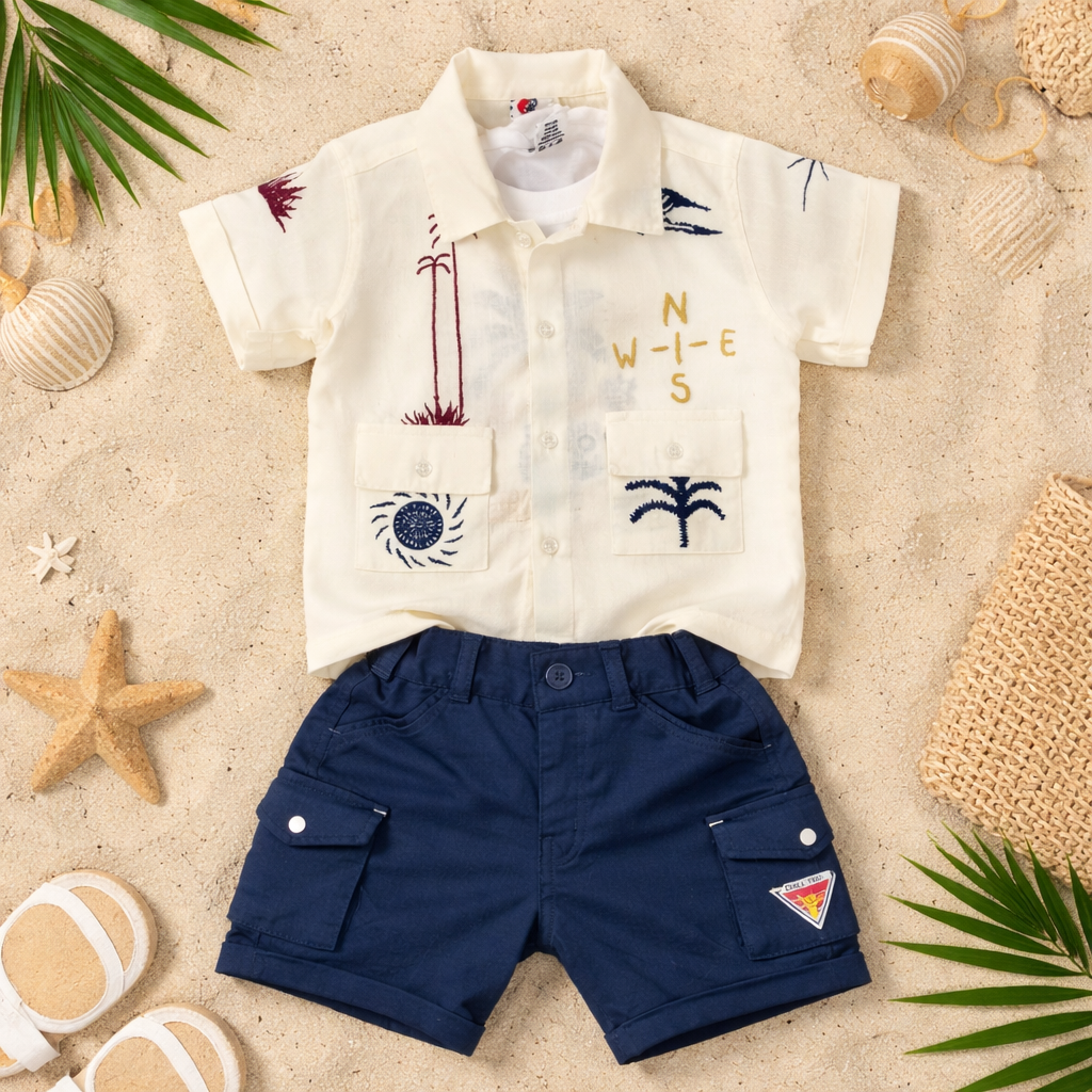 BAD BOYS Tropical Beach Co-ord Set for Baby Boys (0–3 Years) – Printed Shirt, T-Shirt & Shorts Outfit