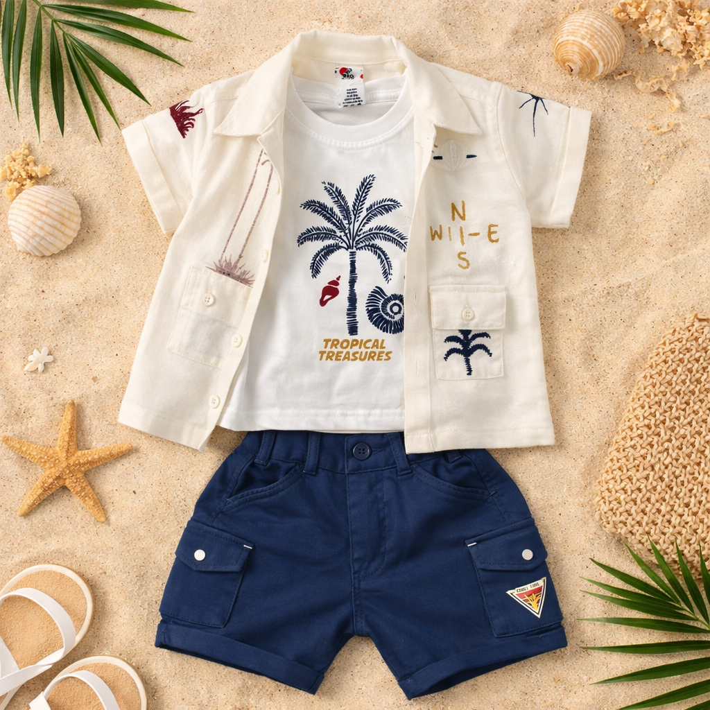 BAD BOYS Tropical Beach Co-ord Set for Baby Boys (0–3 Years) – Printed Shirt, T-Shirt & Shorts Outfit