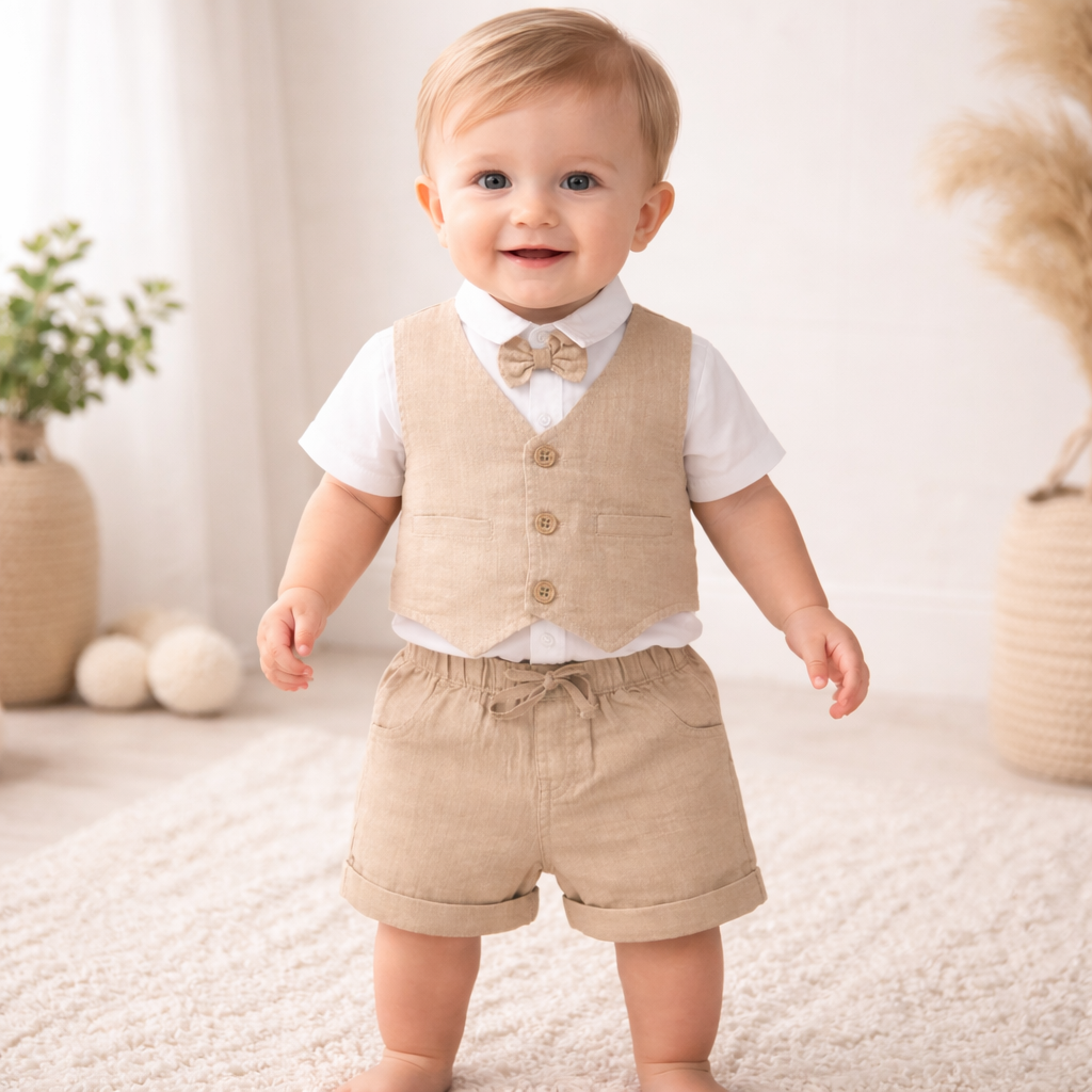 TOFFY HOUSE Baby Boys Shirt Waistcoat & Shorts Set – Fawn Color | Formal Party Wear Outfit | NB to 9 Months