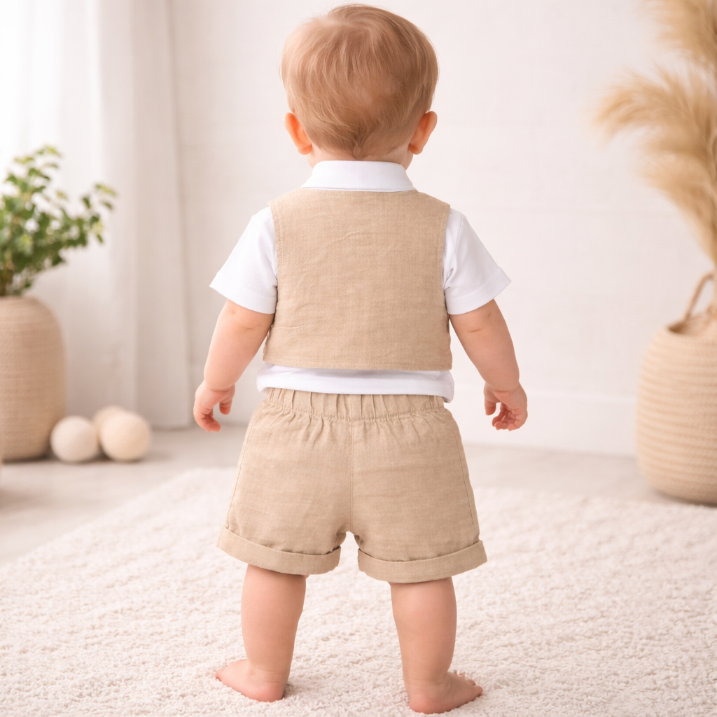 TOFFY HOUSE Baby Boys Shirt Waistcoat & Shorts Set – Fawn Color | Formal Party Wear Outfit | NB to 9 Months