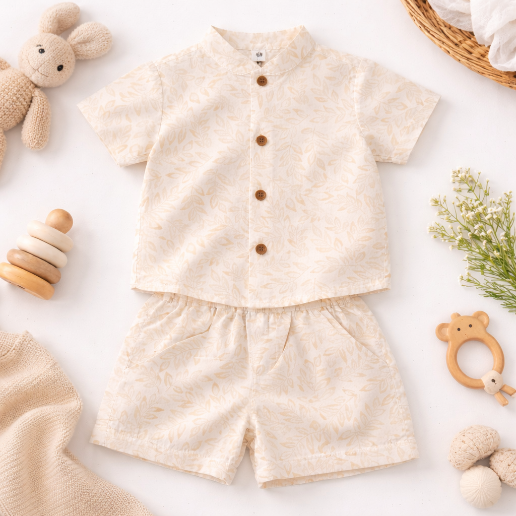 TOFFY HOUSE Baby Boys Cream Printed Shirt & Shorts Set (0–9 Months) | Soft Cotton Summer Outfit