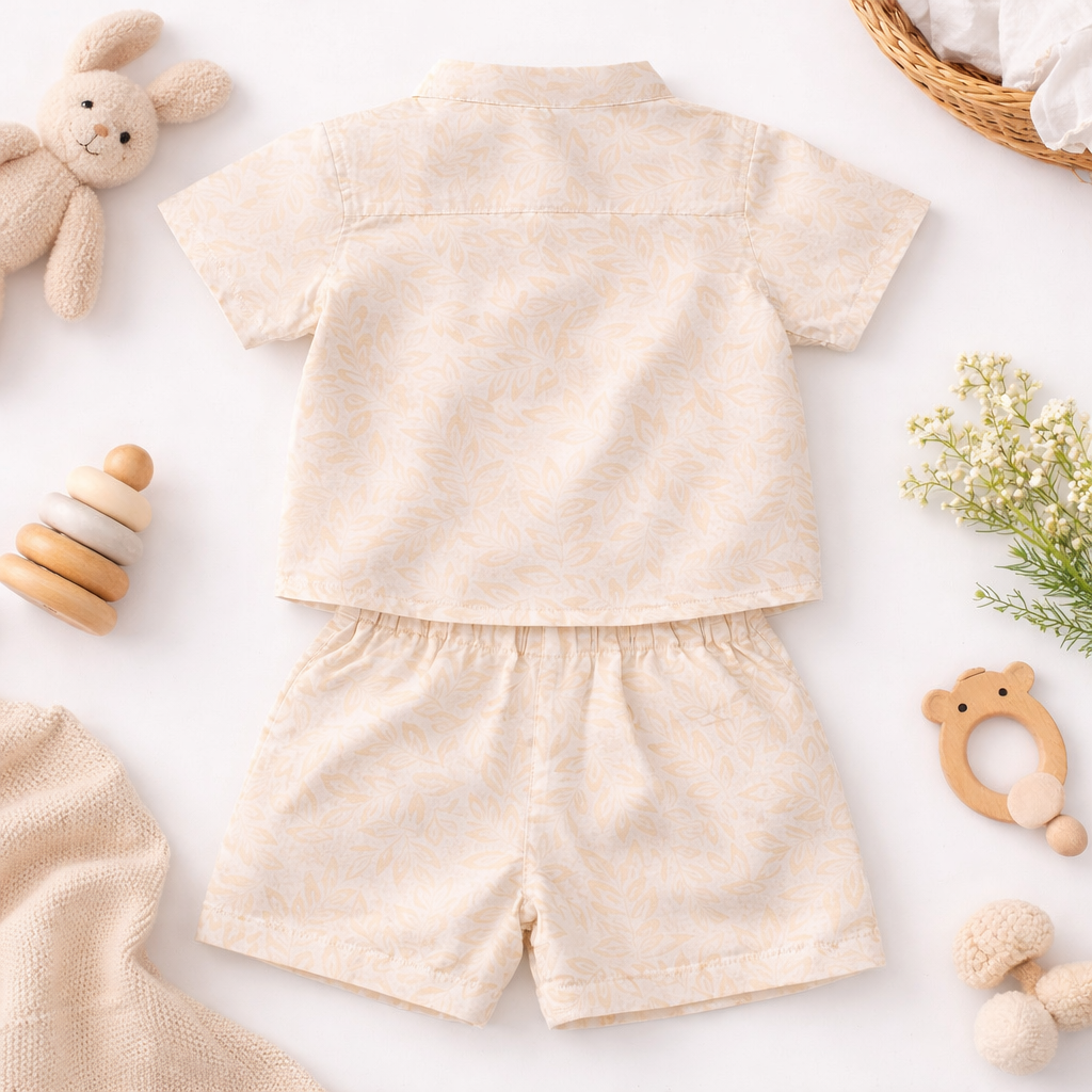 TOFFY HOUSE Baby Boys Cream Printed Shirt & Shorts Set (0–9 Months) | Soft Cotton Summer Outfit