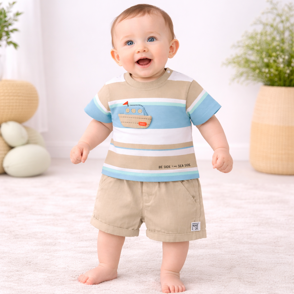 LITTLE KANGAROO Baby Boys Summer Co-ord Set – Fawn Striped T-Shirt with Shorts | Soft Cotton Outfit (9 Months to 2 Years)