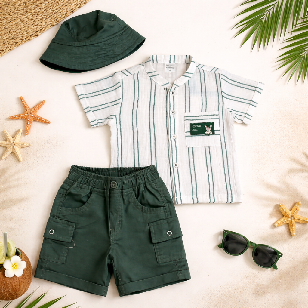 MASHUP Baby Boys Green Shirt & Shorts Set with Hat | Stylish Summer Outfit Set for Babies (6M–24M)