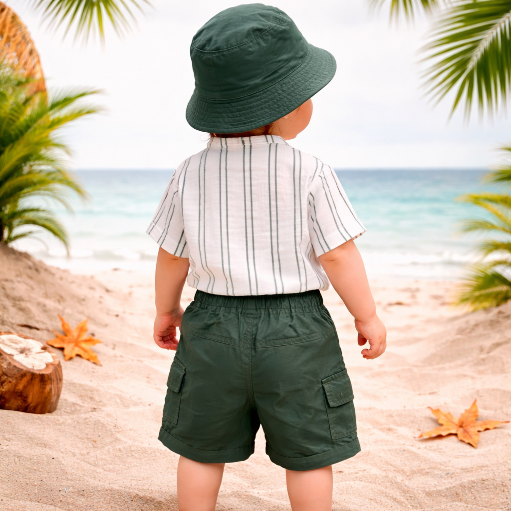 MASHUP Baby Boys Green Shirt & Shorts Set with Hat | Stylish Summer Outfit Set for Babies (6M–24M)