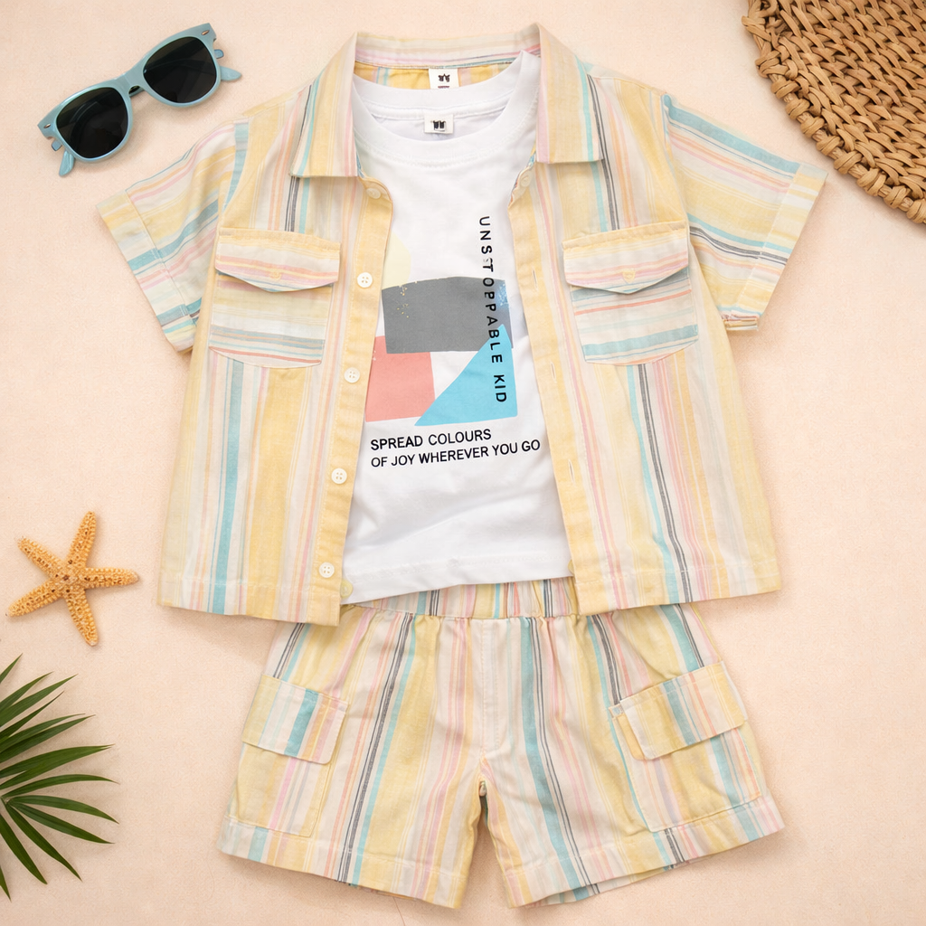 TOFFY HOUSE Baby Boys Lemon Summer Co-Ord Set – Printed T-Shirt with Striped Shirt & Cargo Shorts (9 Months to 3 Years)