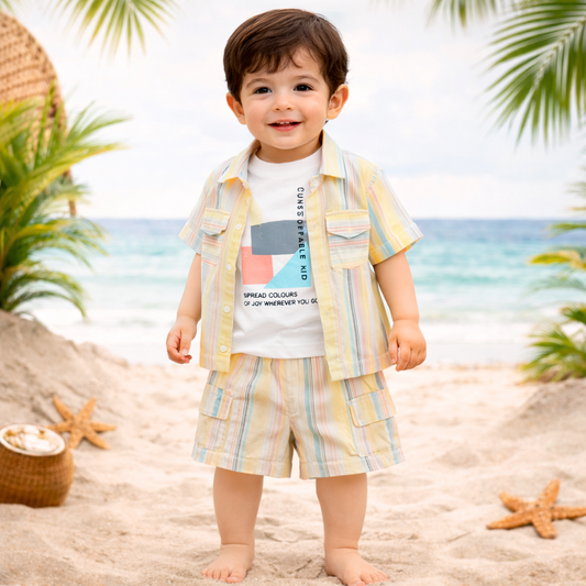 TOFFY HOUSE Baby Boys Lemon Summer Co-Ord Set – Printed T-Shirt with Striped Shirt & Cargo Shorts (9 Months to 3 Years)