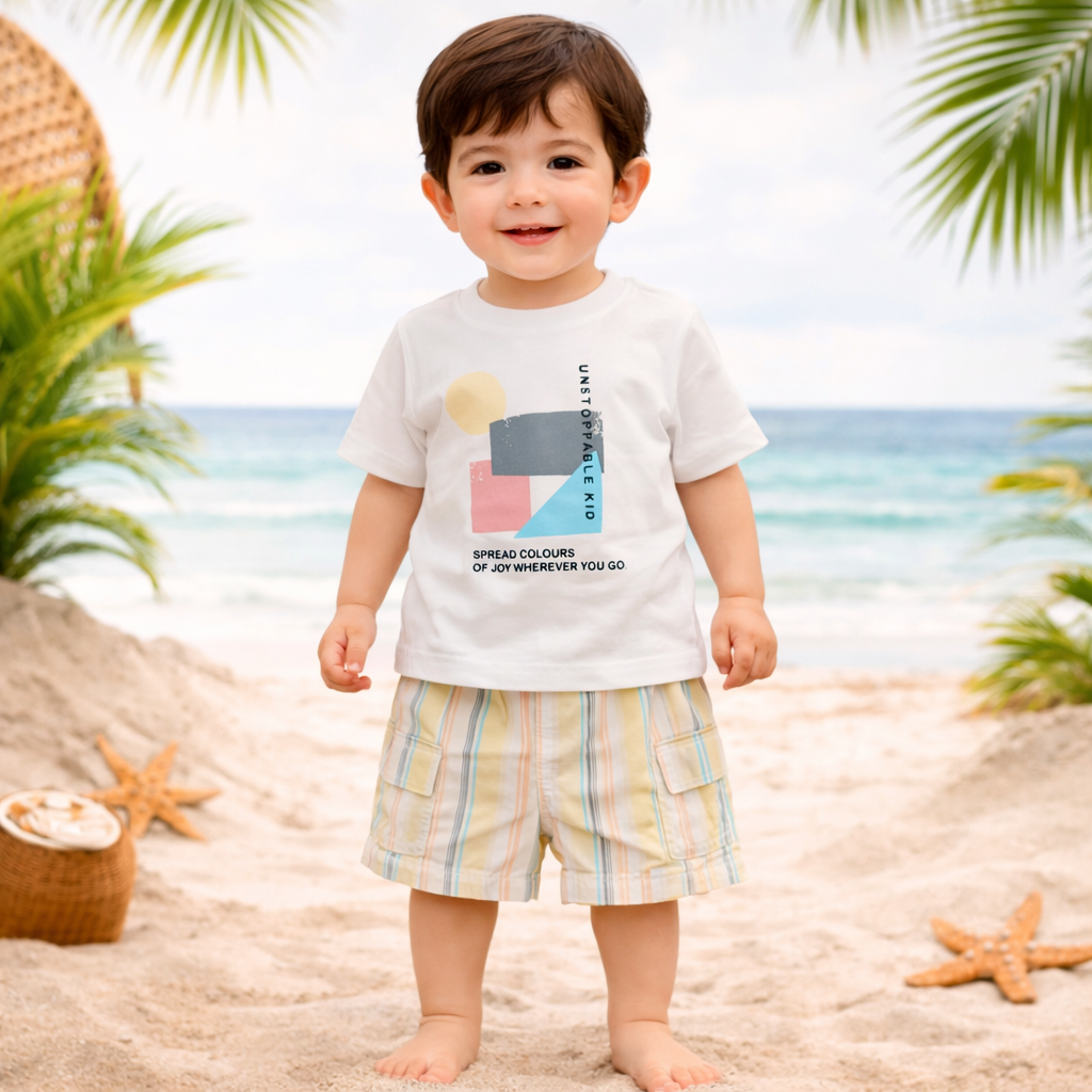 TOFFY HOUSE Baby Boys Lemon Summer Co-Ord Set – Printed T-Shirt with Striped Shirt & Cargo Shorts (9 Months to 3 Years)