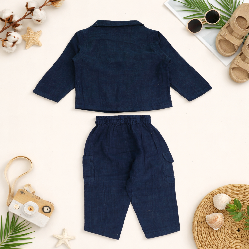 TOFFY HOUSE Boys Night Suit Set – Navy Blue Cotton Linen Co-Ord Set (9 Months to 5 Years)