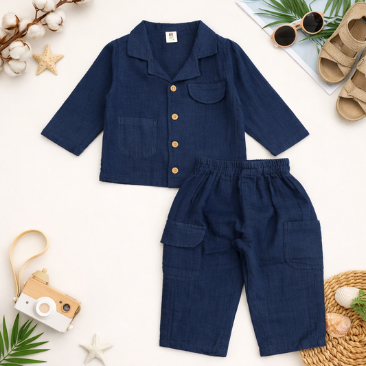 TOFFY HOUSE Boys Night Suit Set – Navy Blue Cotton Linen Co-Ord Set (9 Months to 5 Years)