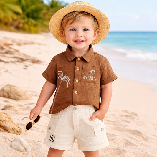 MASHUP Baby Boys Summer Co-Ord Set – Embroidered Cotton Shirt with Cargo Shorts (6M to 24M) – Brown & Off White