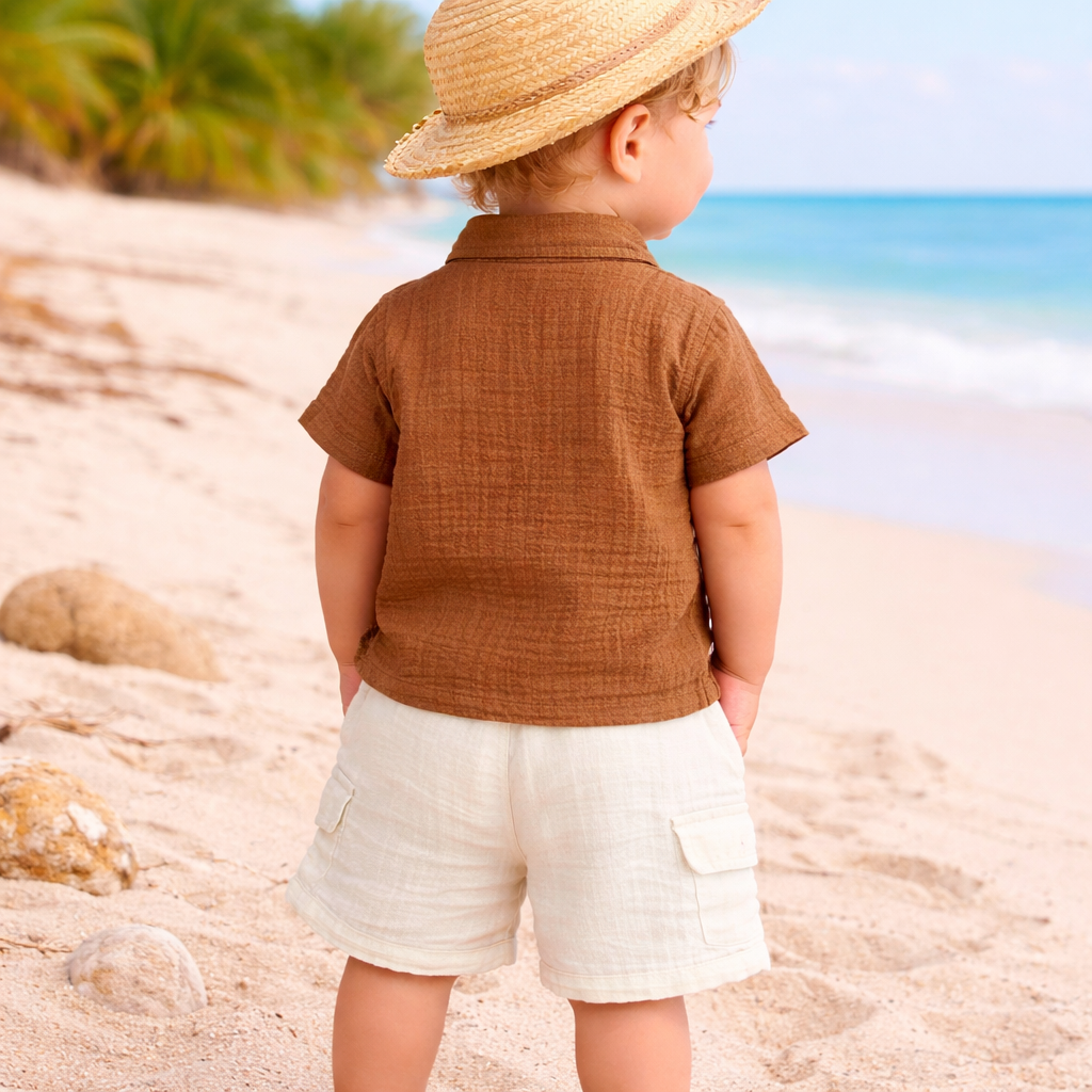MASHUP Baby Boys Summer Co-Ord Set – Embroidered Cotton Shirt with Cargo Shorts (6M to 24M) – Brown & Off White