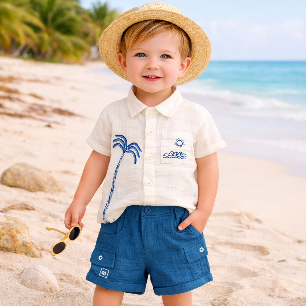 MASHUP Baby Boys Summer Co-Ord Set – Embroidered Cotton Shirt with Cargo Shorts (6M to 24M) – Brown & Off White