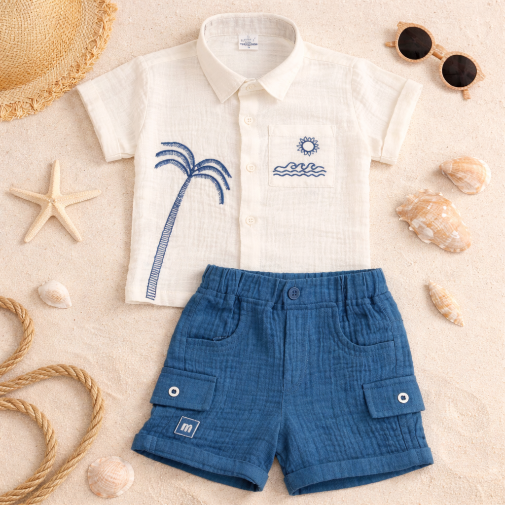 MASHUP Baby Boys Summer Co-Ord Set – Embroidered Cotton Shirt with Cargo Shorts (6M to 24M) – Brown & Off White