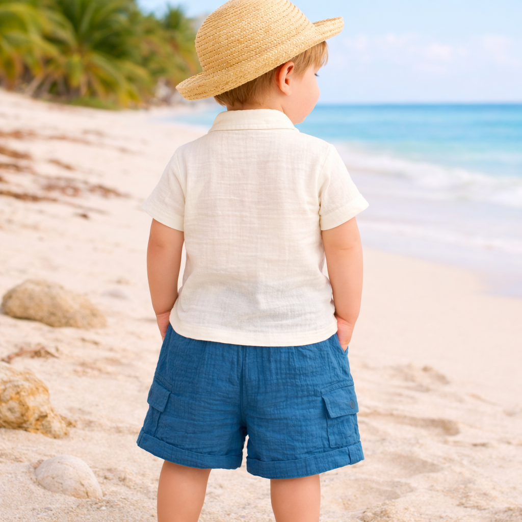 MASHUP Baby Boys Summer Co-Ord Set – Embroidered Cotton Shirt with Cargo Shorts (6M to 24M) – Brown & Off White