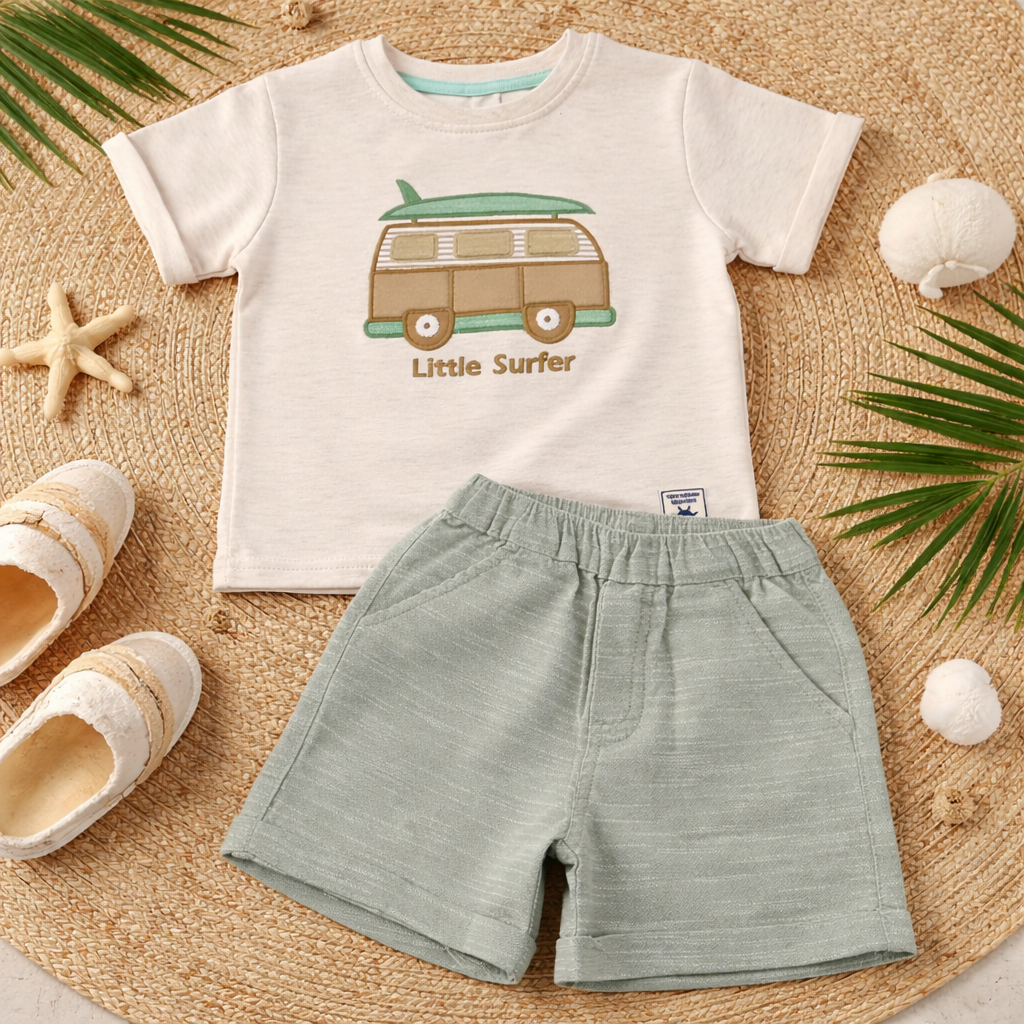 TOFFY HOUSE Little Surfer Baby Boys Cream & Green Cotton Co-Ord Set (T-Shirt & Shorts) | Beach Style Summer Outfit | 9 Months – 3 Years