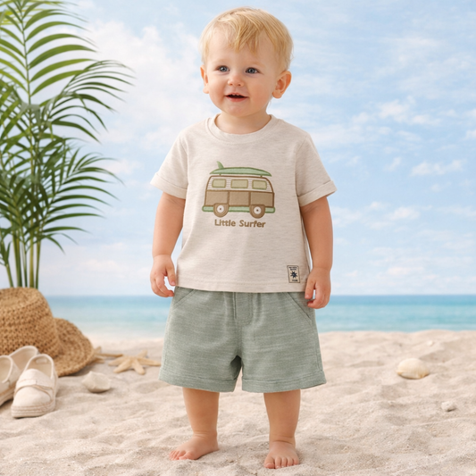 TOFFY HOUSE Little Surfer Baby Boys Cream & Green Cotton Co-Ord Set (T-Shirt & Shorts) | Beach Style Summer Outfit | 9 Months – 3 Years