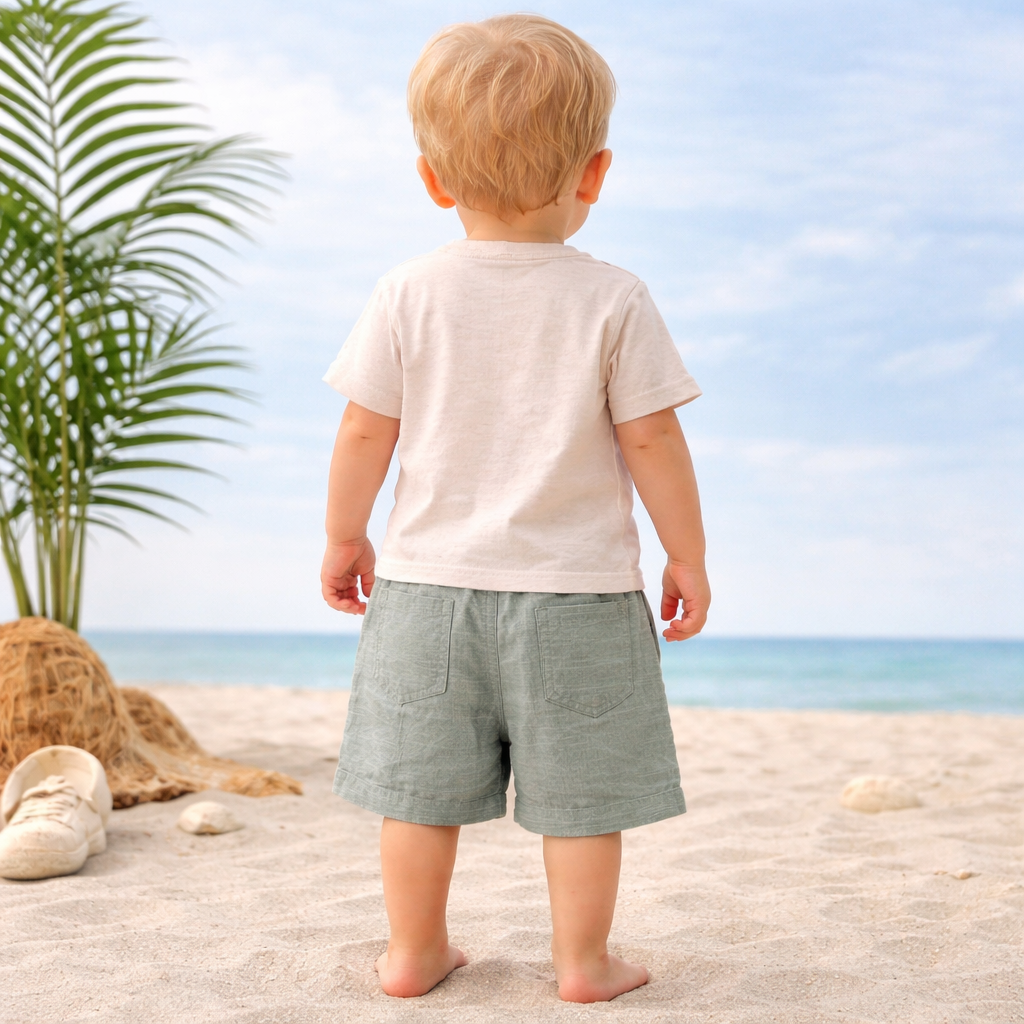 TOFFY HOUSE Little Surfer Baby Boys Cream & Green Cotton Co-Ord Set (T-Shirt & Shorts) | Beach Style Summer Outfit | 9 Months – 3 Years