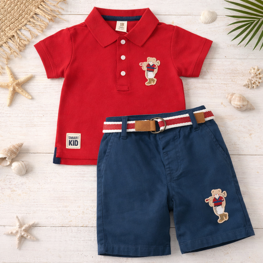 TOFFY HOUSE Boys Red Polo T-Shirt & Navy Shorts Set (9 Months to 3 Years)