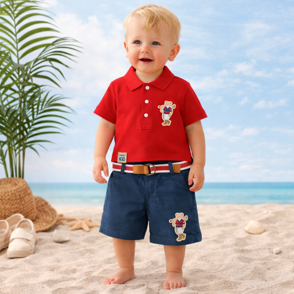 TOFFY HOUSE Boys Red Polo T-Shirt & Navy Shorts Set (9 Months to 3 Years)