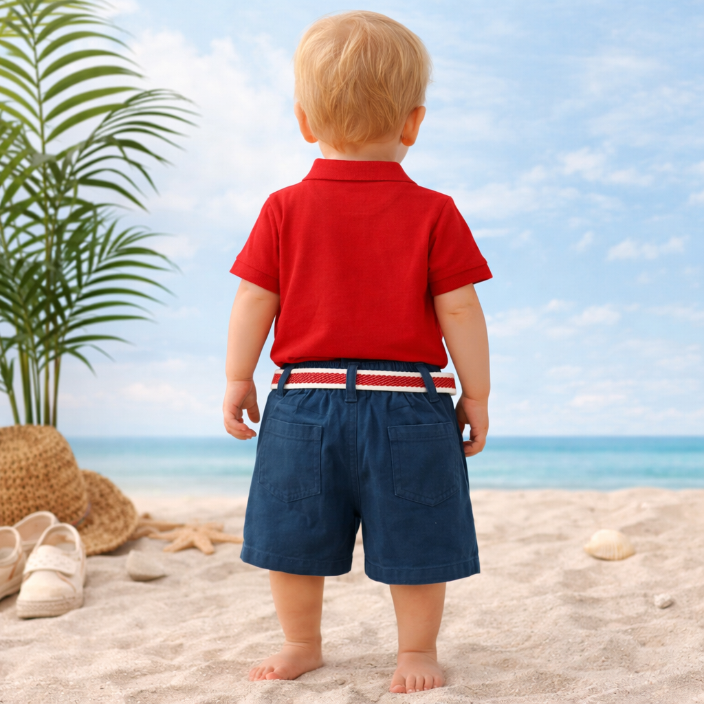 TOFFY HOUSE Boys Red Polo T-Shirt & Navy Shorts Set (9 Months to 3 Years)