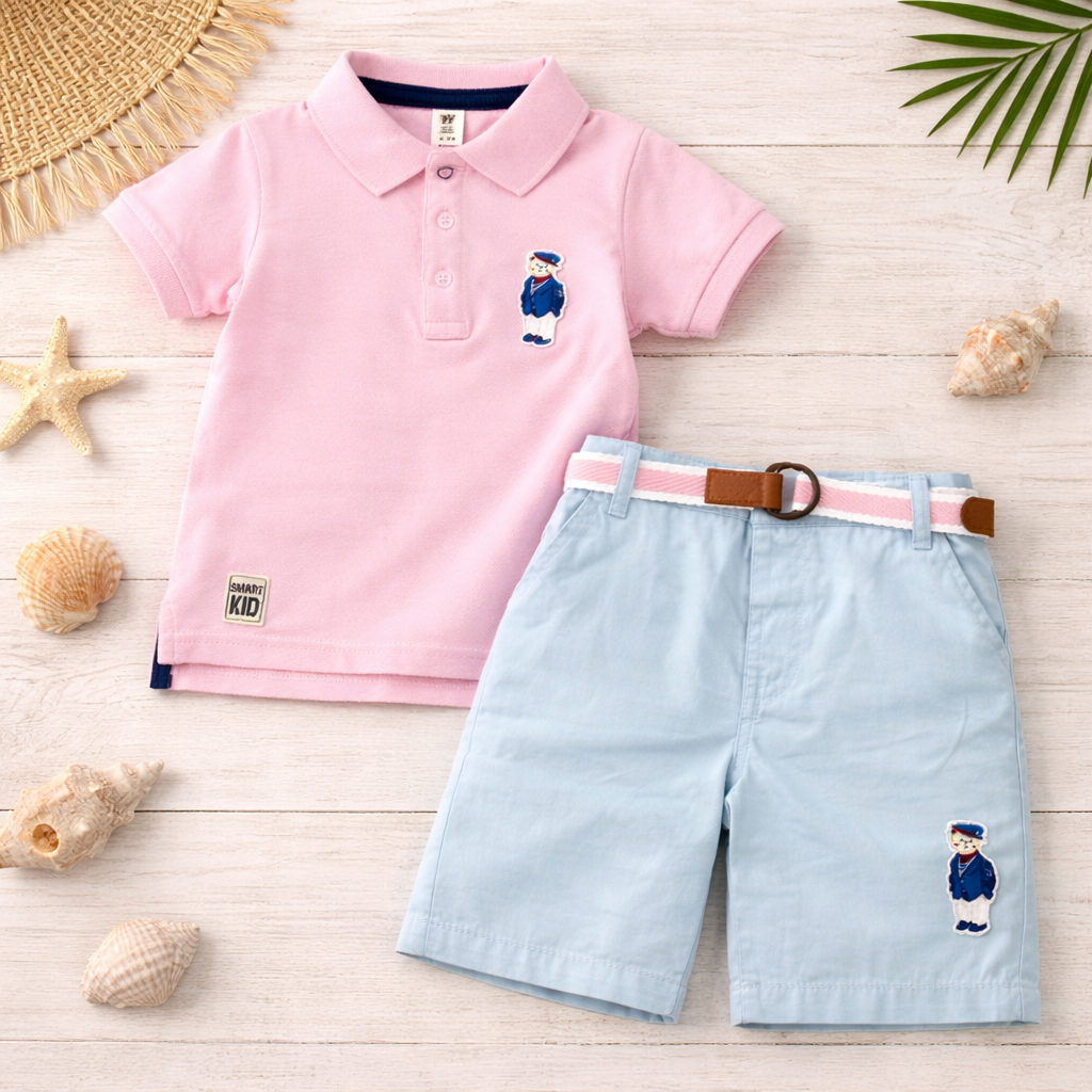 TOFFY HOUSE Boys L. Pink Polo T-Shirt & Blue Shorts Set (9 Months to 3 Years) – Summer Outfit