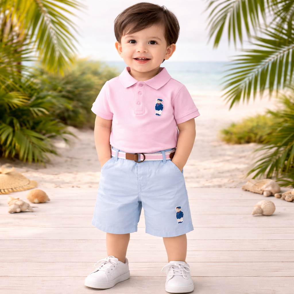 TOFFY HOUSE Boys L. Pink Polo T-Shirt & Blue Shorts Set (9 Months to 3 Years) – Summer Outfit