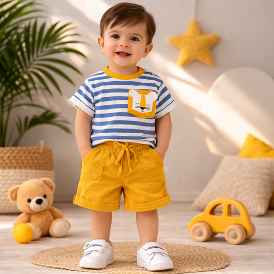 TOFFY HOUSE Boys Blue & Yellow T-Shirt and Shorts Set (9 Months to 3 Years) – Striped Summer Outfit