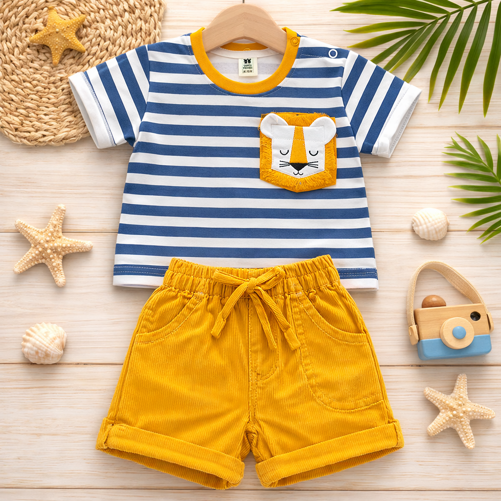 TOFFY HOUSE Boys Blue & Yellow T-Shirt and Shorts Set (9 Months to 3 Years) – Striped Summer Outfit