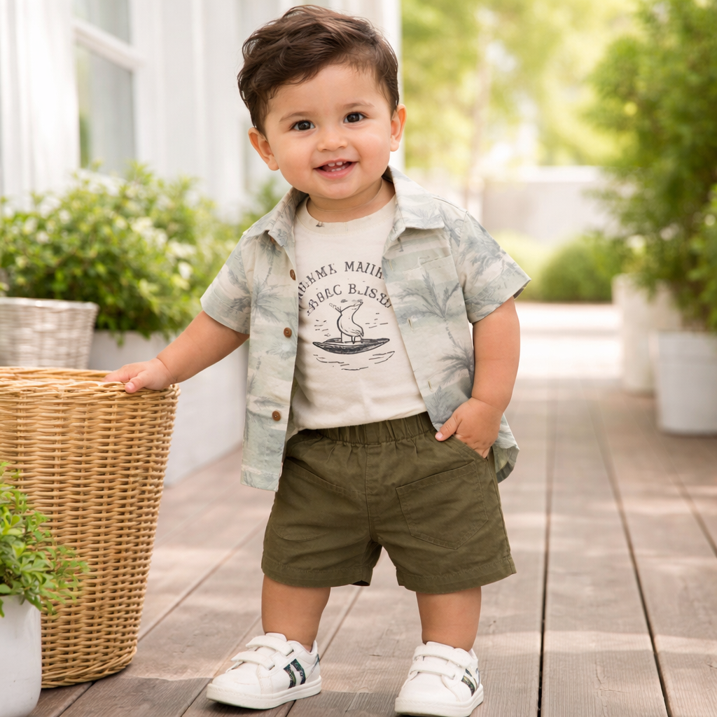 BLOOM UP Baby Boys Tropical Palm Print Shirt, Graphic Tee & Shorts Set – Stylish Summer Outfit (0–24 Months)