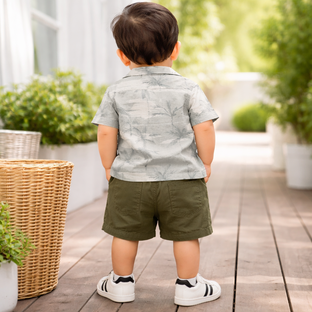 BLOOM UP Baby Boys Tropical Palm Print Shirt, Graphic Tee & Shorts Set – Stylish Summer Outfit (0–24 Months)