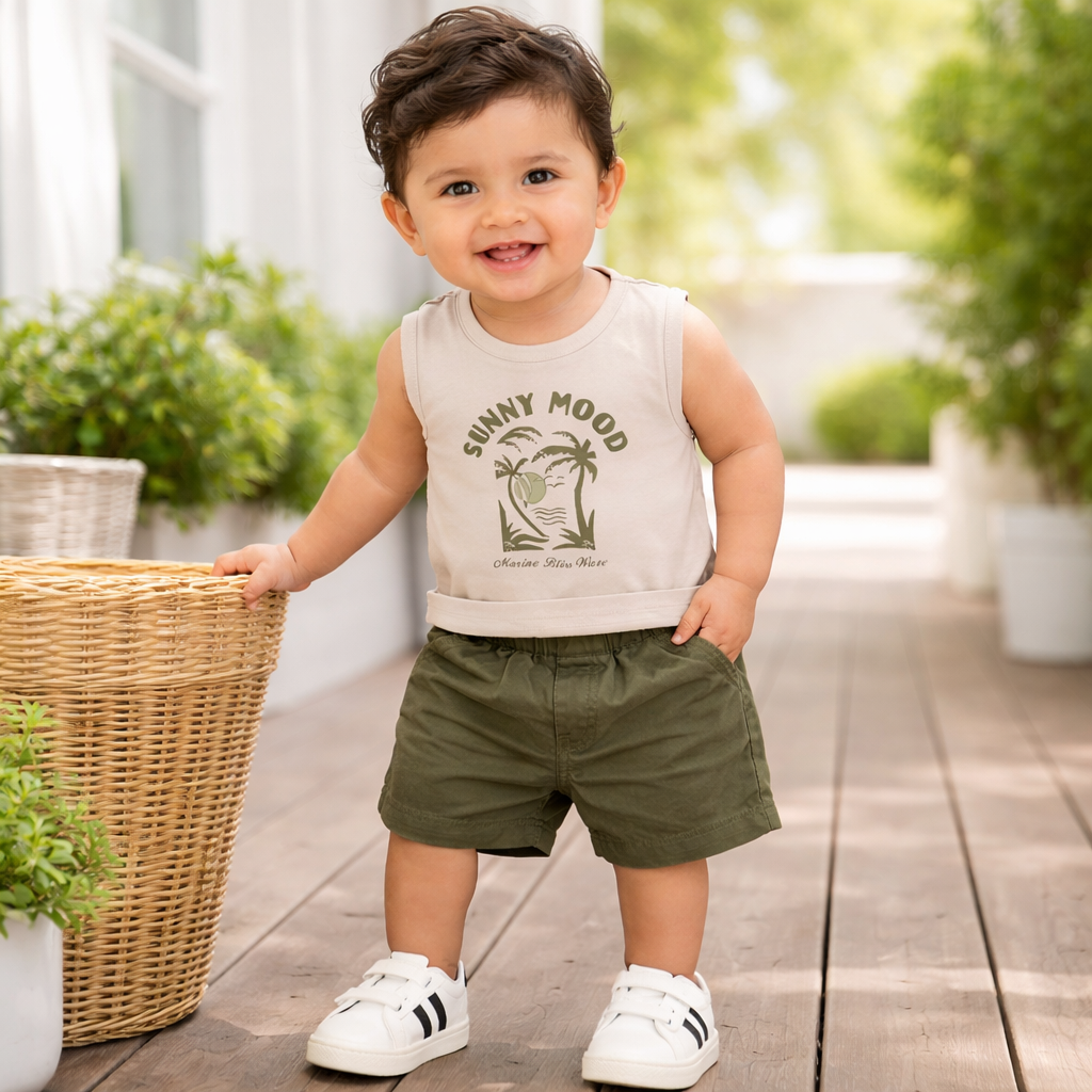 BLOOM UP Baby Boys Tropical Palm Print Shirt, Graphic Tee & Shorts Set – Stylish Summer Outfit (0–24 Months)