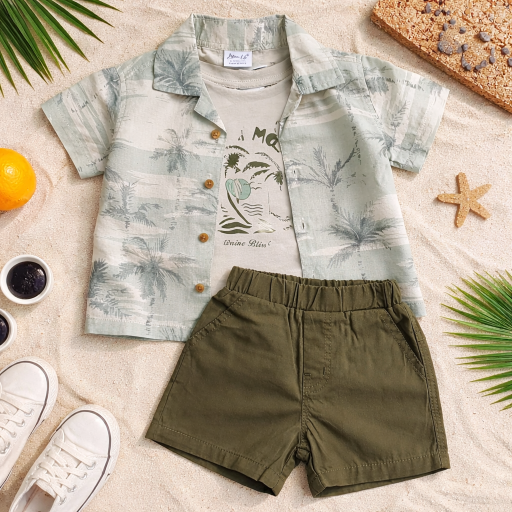 BLOOM UP Baby Boys Tropical Palm Print Shirt, Graphic Tee & Shorts Set – Stylish Summer Outfit (0–24 Months)