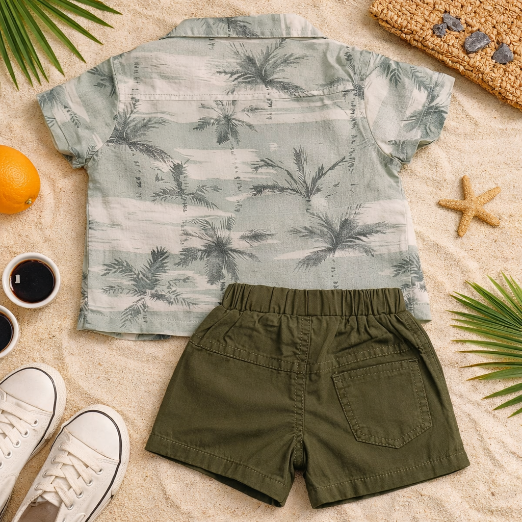 BLOOM UP Baby Boys Tropical Palm Print Shirt, Graphic Tee & Shorts Set – Stylish Summer Outfit (0–24 Months)