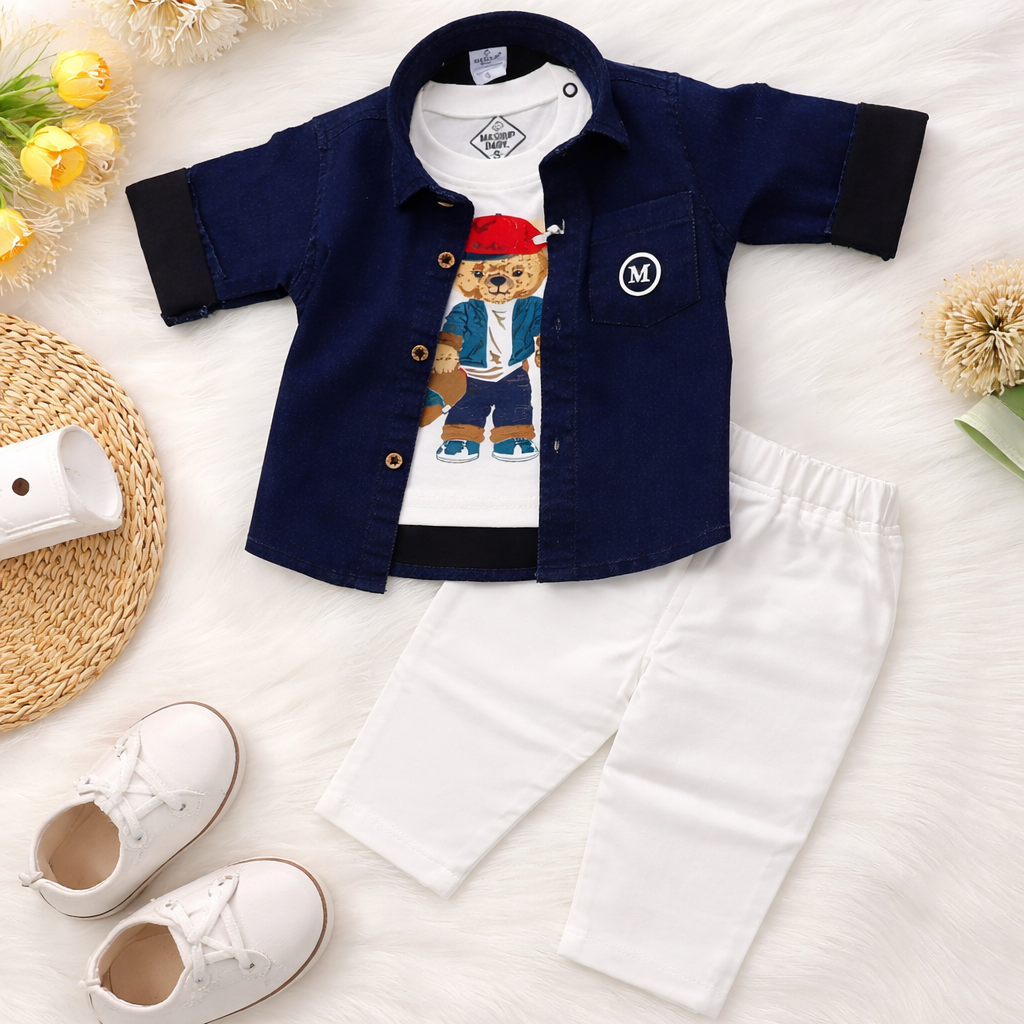 MASHUP Baby Boys Blue Denim Shirt with Graphic T-Shirt & White Pant Set (6M–24M)