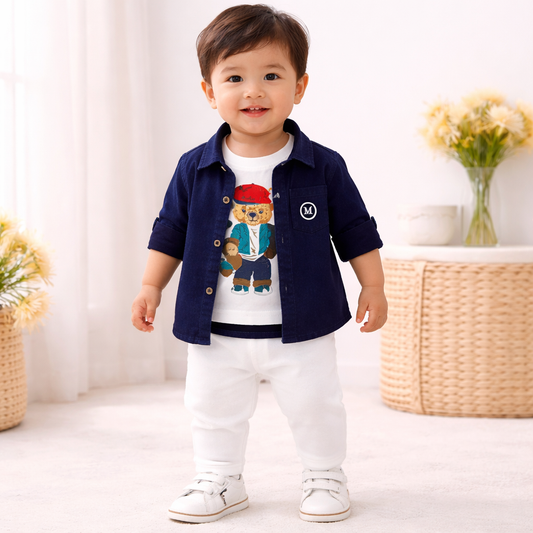 MASHUP Baby Boys Blue Denim Shirt with Graphic T-Shirt & White Pant Set (6M–24M)