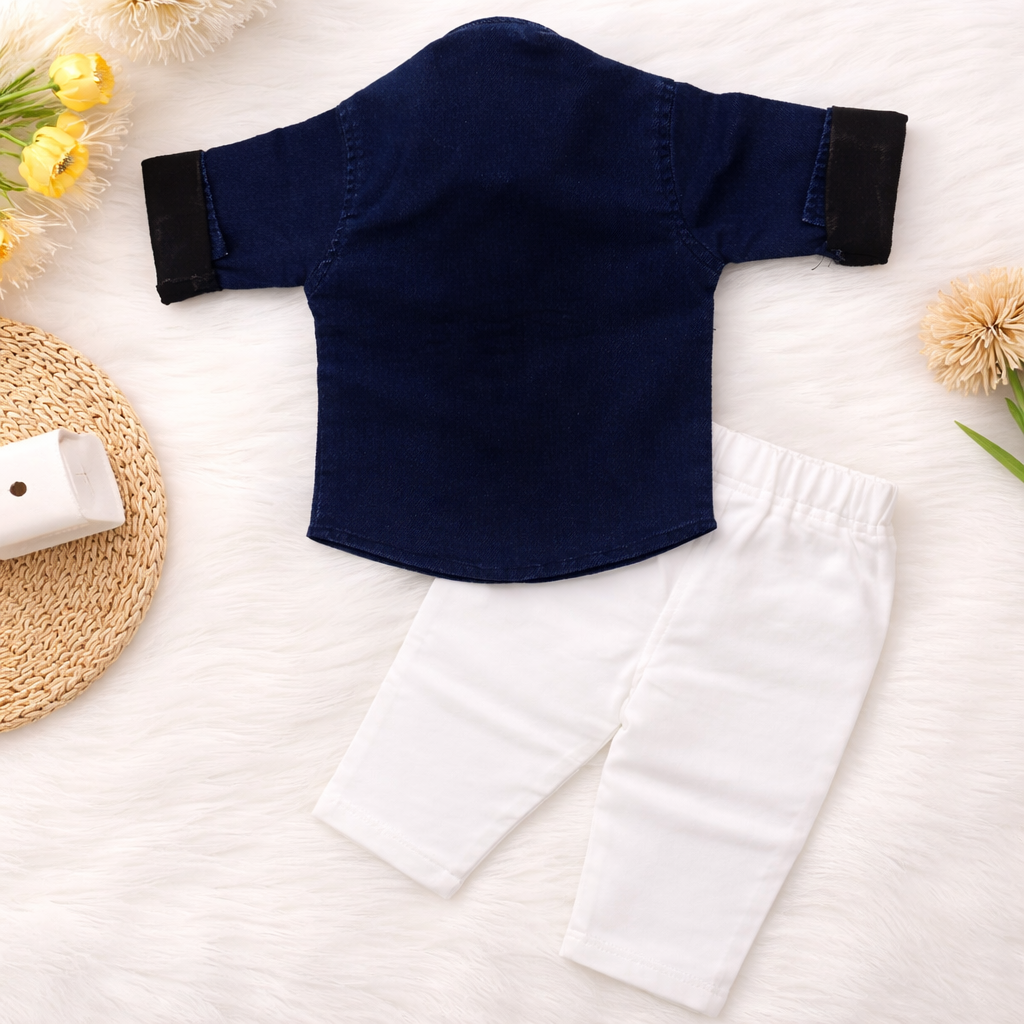 MASHUP Baby Boys Blue Denim Shirt with Graphic T-Shirt & White Pant Set (6M–24M)